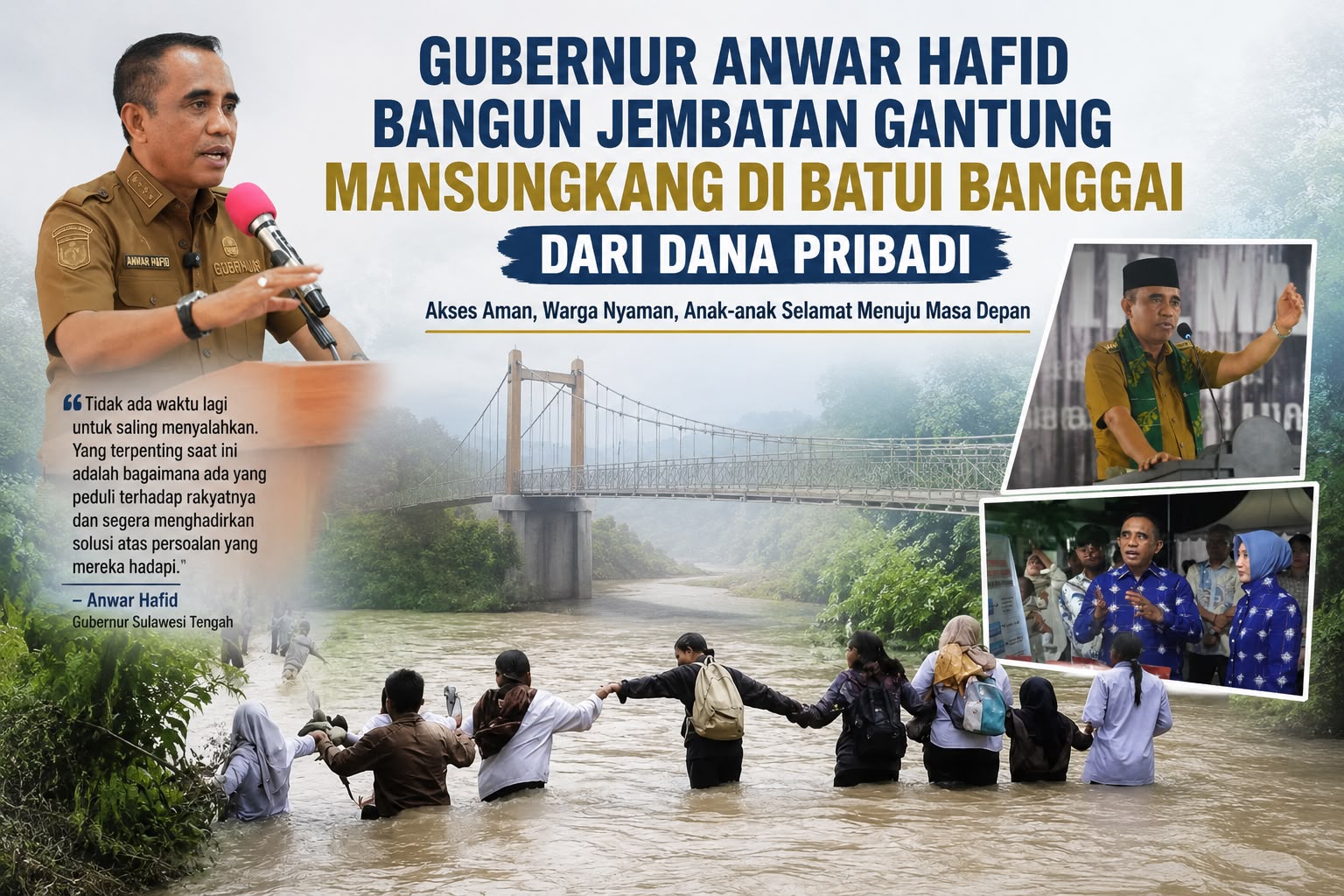 Tak Ingin Warga Terus Bertaruh Nyawa,Gubernur Anwar Hafid Bangun Jembatan Gantung Mansungkang dengan Dana Pribadi